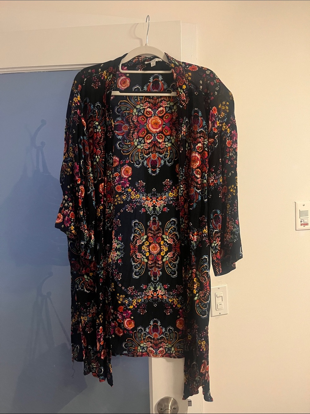 Patrons of Peace Black Floral Open-Front Kimono with Multicolor Motif